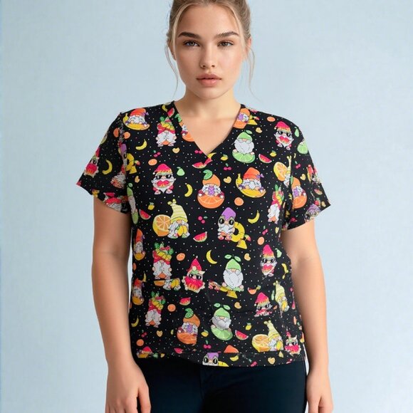 Med Works Women’s Large Scrub Top Black Colorful Gnome Fruit Print Nurse Doctor - Picture 1 of 6